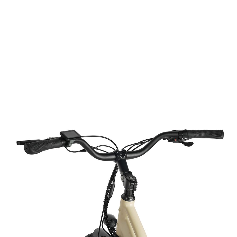 Fahrradlenker mit Bedienelementen und Display. Schwarze Griffe, Kabel und ein helles Rahmenteil.