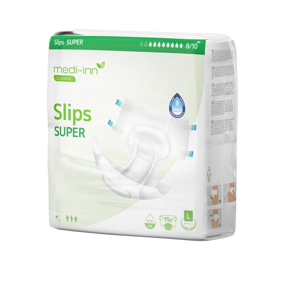 Verpackung Medi-Inn Inkontinenz-Slips SUPER. Weiße Slips mit blauen Elementen. Aufdrucke: Marke, Saugstärke, Größe L, 15 Stück.