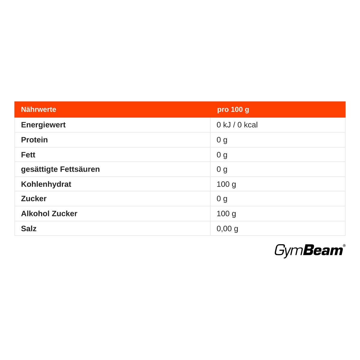 Nährwertangaben für GymBeam Erythrit: 0g Fett, 100g Kohlenhydrate, 100g Zuckeralkohol.