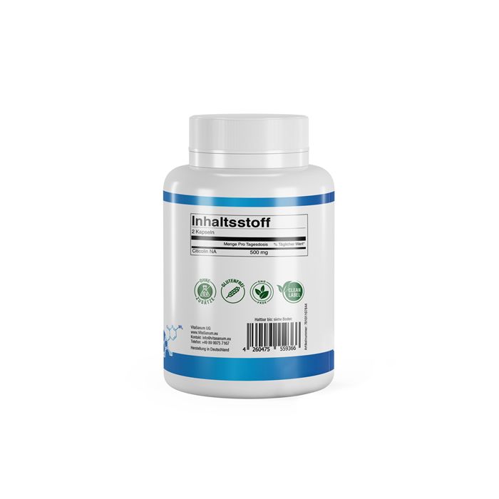 Rückseite der weißen Flasche. Aufschrift: Inhaltsstoff, Citicolin, 500 mg. Mit Logos: Vegan, Glutenfrei, Clean Label.