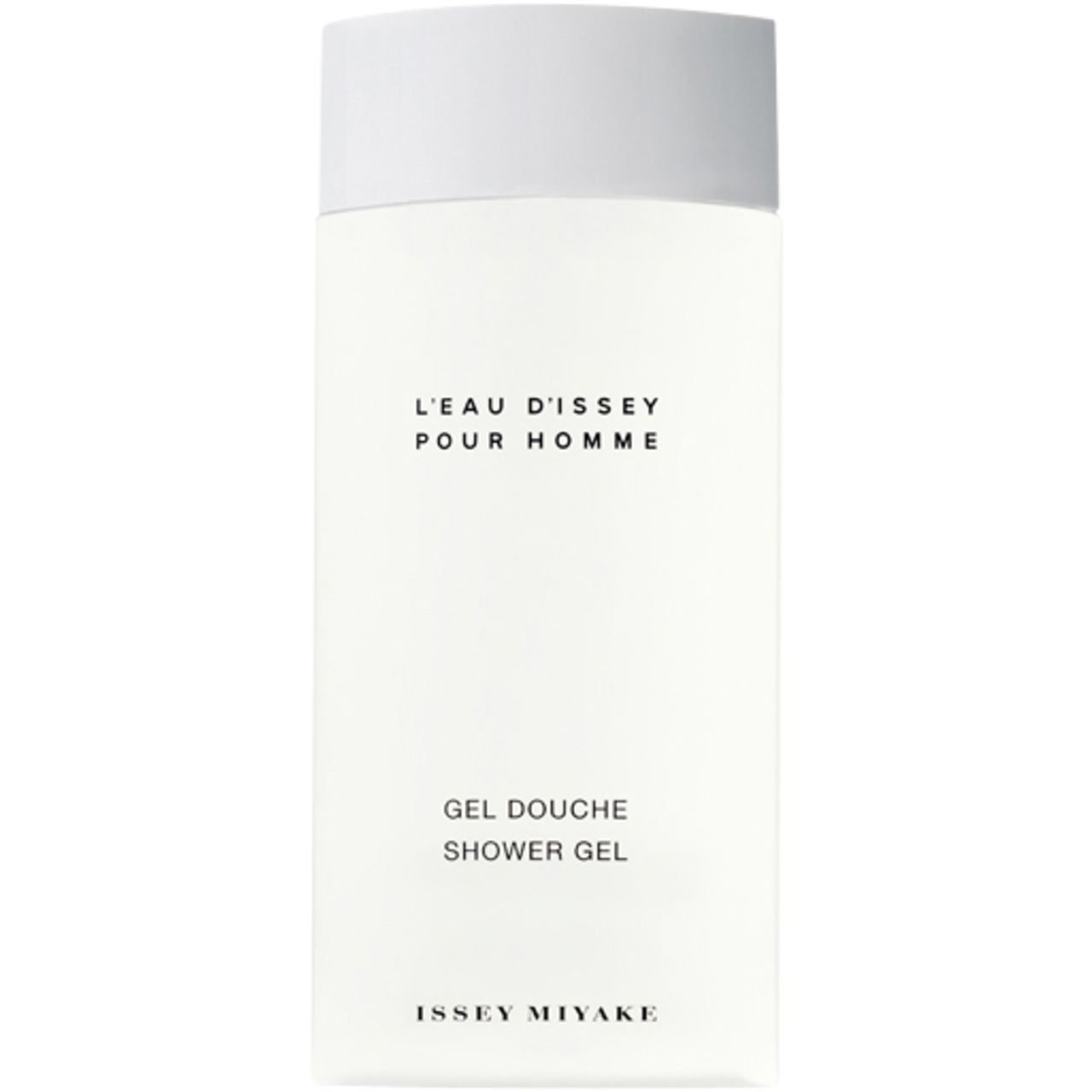 Gel douche blanc avec texte L'Eau d'Issey pour Homme. Issey Miyake est visible en bas.