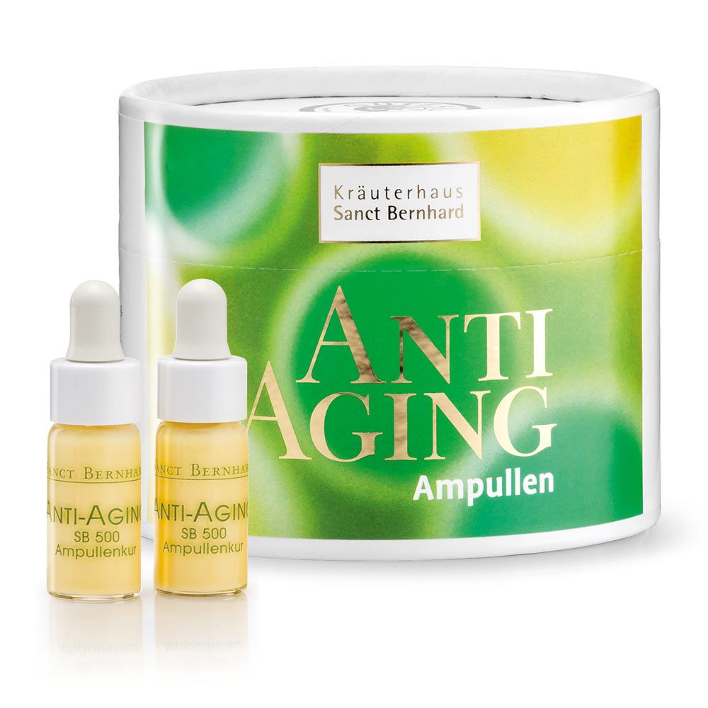 Produkt: Zwei Ampullen und Verpackung. Produktname: Anti-Aging Ampullen. Marke: Kräuterhaus Sanct Bernhard. Text: Anti-Aging SB 500 Ampullenkur.