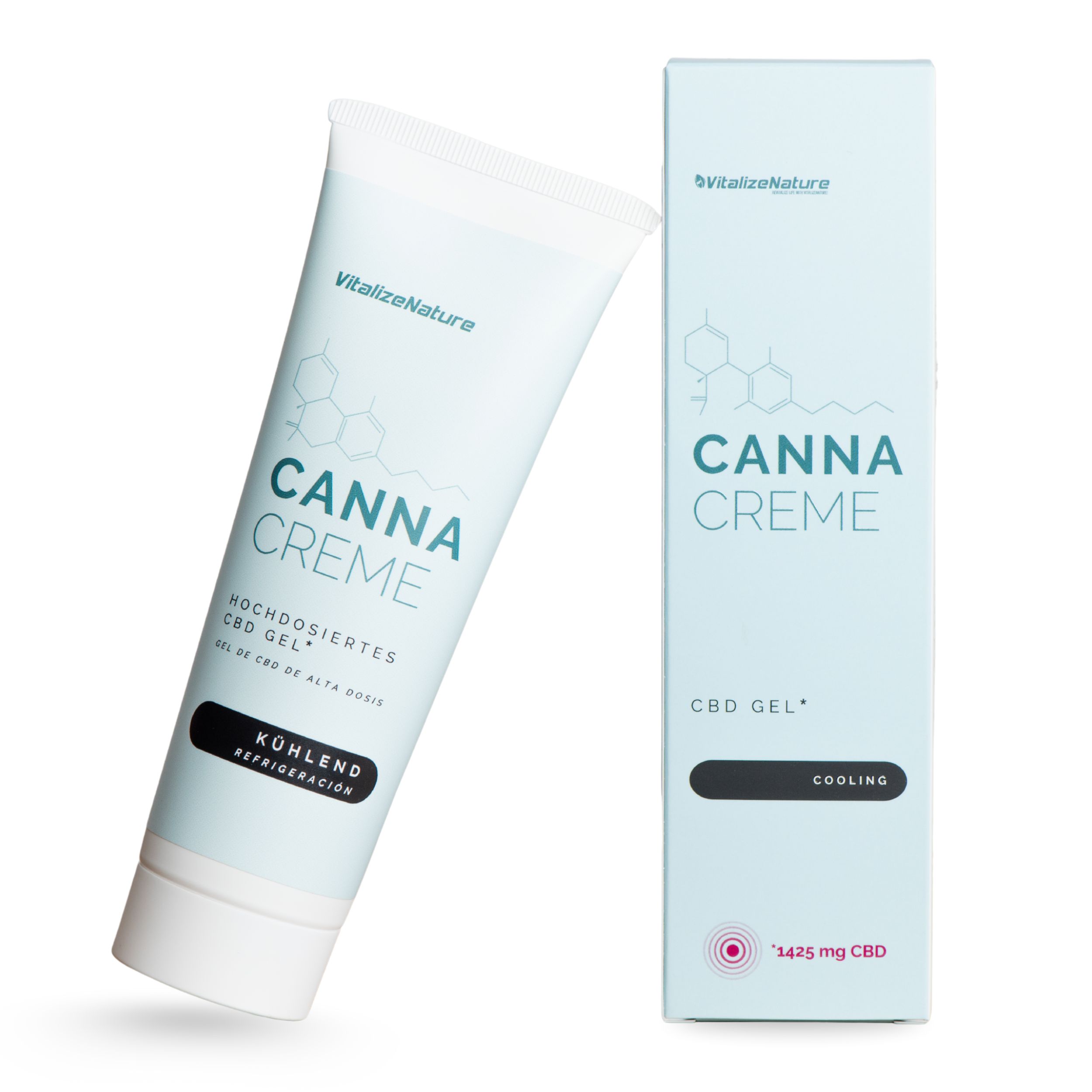Canna Creme CBD Gel Tube. Kühlend. Verpackung mit Produktnamen und Logo.
