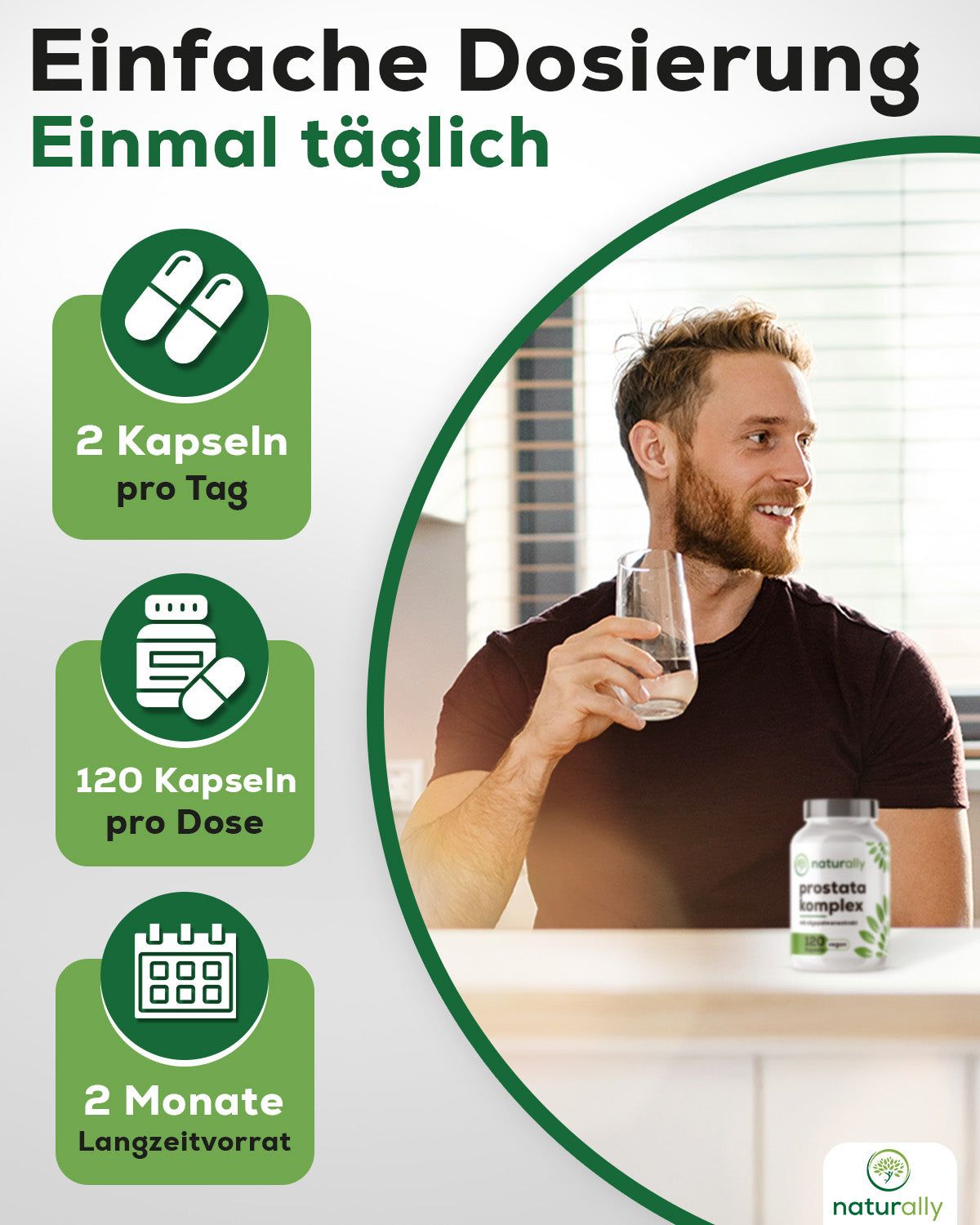 Mann trinkt Wasser. Flasche mit Kapseln. Text: 2 Kapseln pro Tag, 120 Kapseln, 2 Monate Vorrat. Marke: naturally.