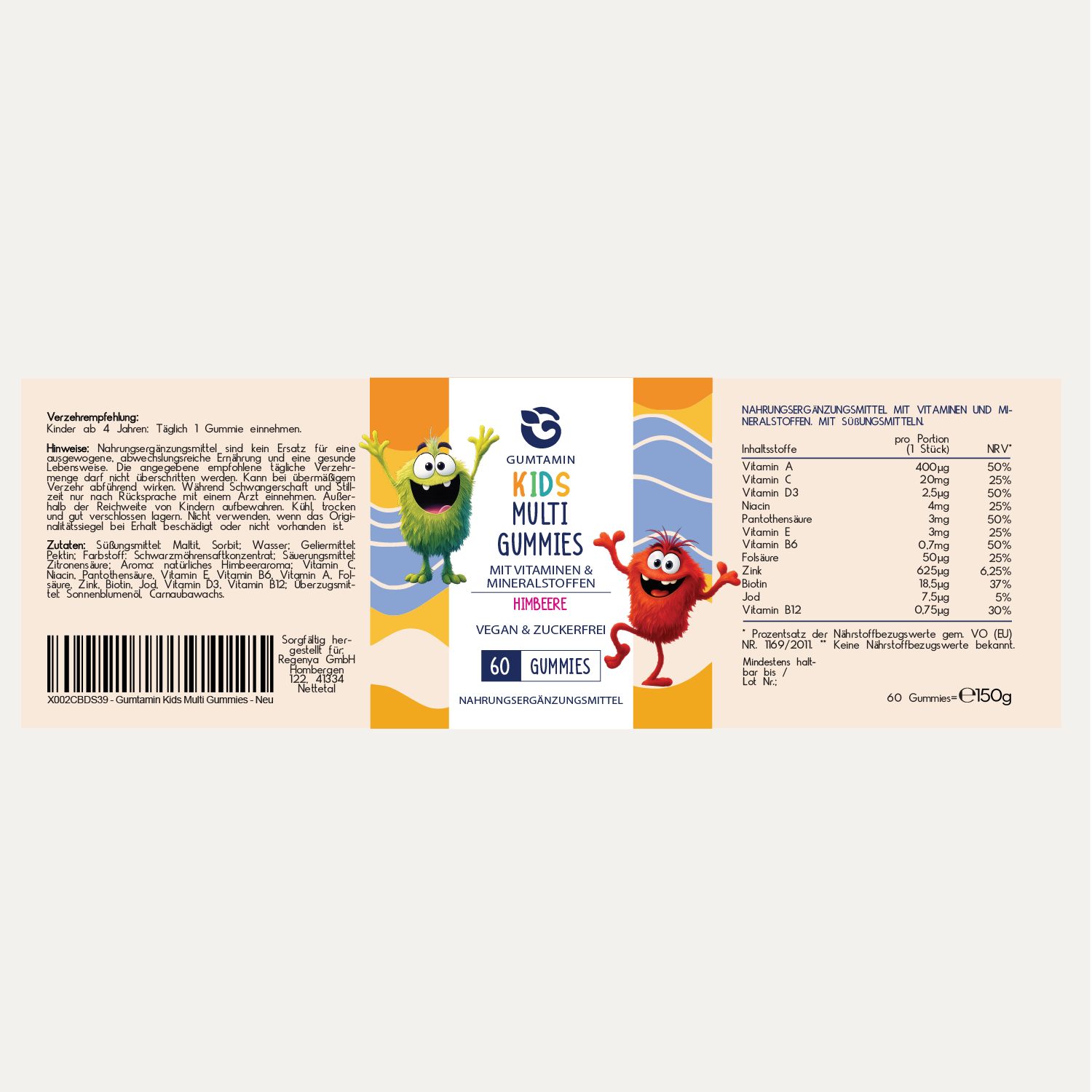 Etikett mit Informationen zu "Gumtamin Kids Multi Gummies". Enthält Nährwertangaben, Inhaltsstoffe und Verzehrempfehlung.