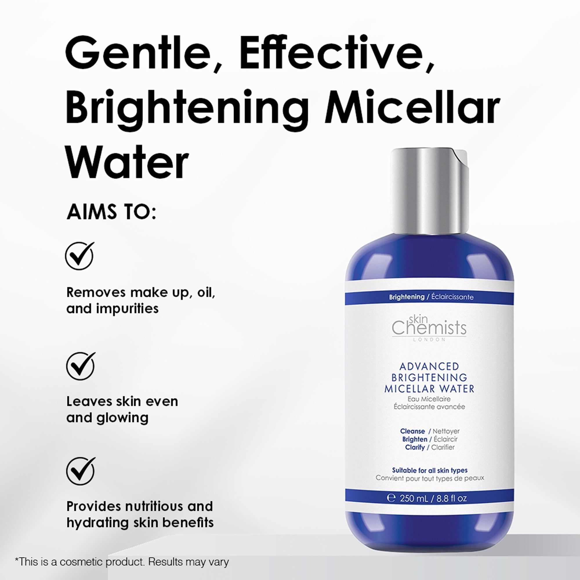 Blaue Flasche mit silbernem Deckel. SkinChemists Advanced Brightening Micellar Water. Entfernt Make-up, Öl und Unreinheiten.