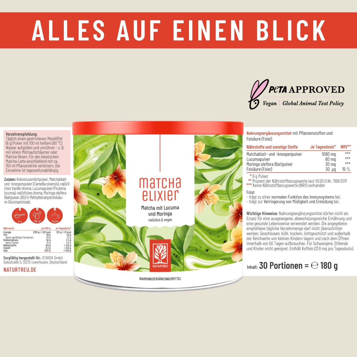 Dose Matcha Elixier mit Text und Nährwertangaben. PETA-Logo. Text: 30 Portionen = 180 g. Zusätzliche Informationen.