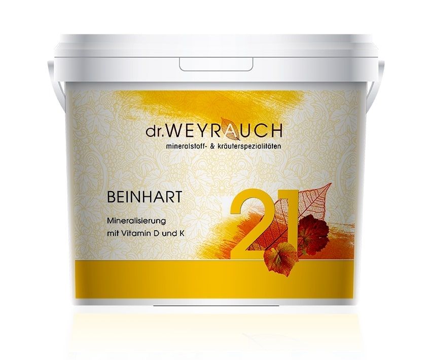 Weißer Eimer mit gelbem Etikett. Aufschrift: dr. WEYRAUCH, BEINHART, Mineralisierung mit Vitamin D und K. Große Zahl 21.