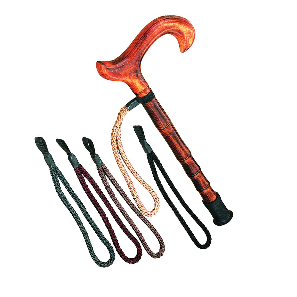 Gehstock mit Holzgriff und fünf Kordel-Stockschlaufen in verschiedenen Farben. Schwarze Gummispitze.