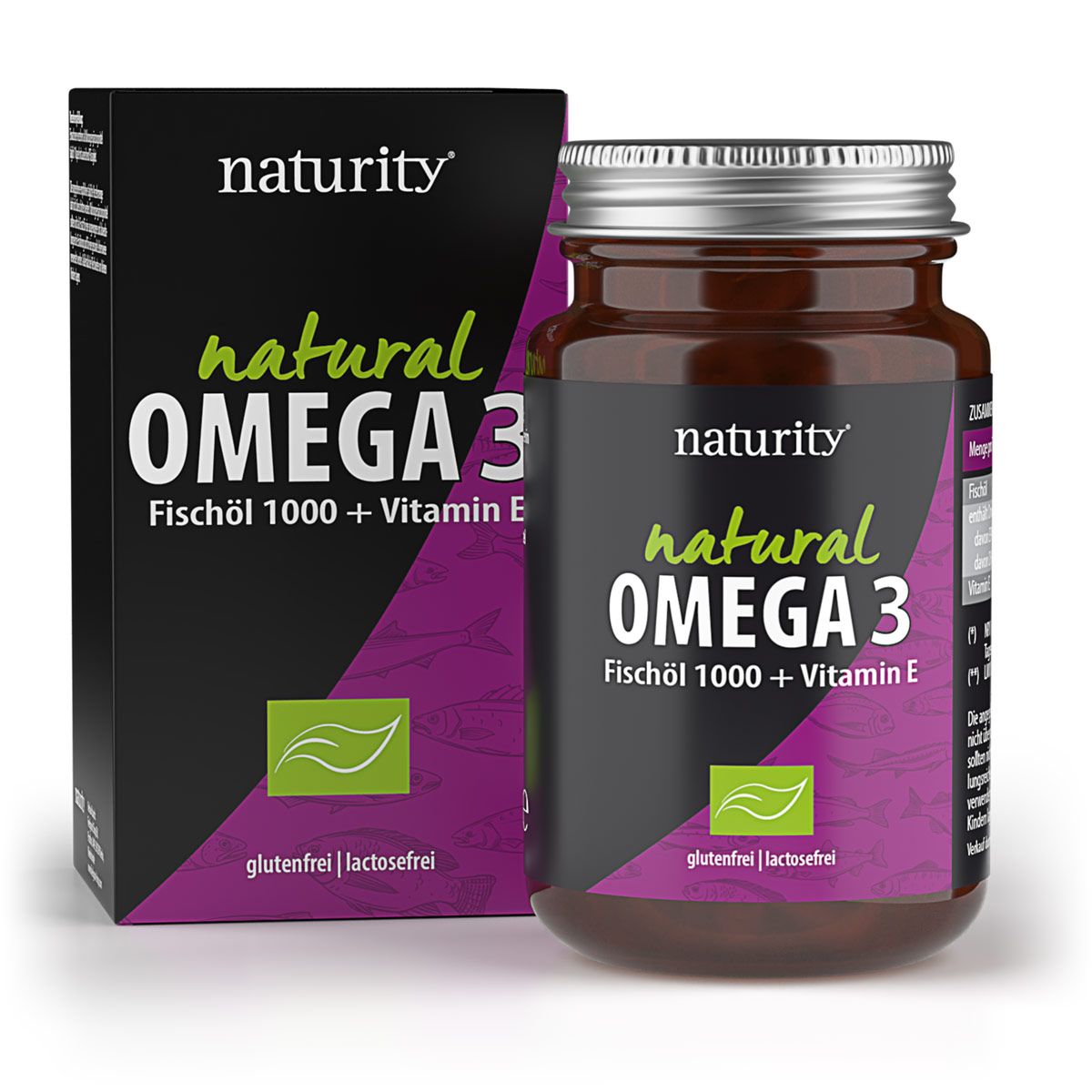 Braune Glasflasche und Schachtel mit "naturity natural OMEGA 3 Fischöl 1000 + Vitamin E". Grün-lila Etikett, glutenfrei, laktosefrei.