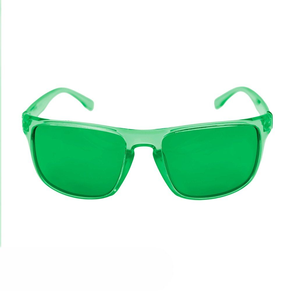 Grüne Trainingsbrille mit transparentem Rahmen.