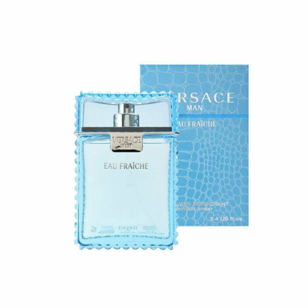Eau Fraiche-Parfümflakon und Schachtel. Flakon hellblau mit silbernem Verschluss. Schachtel blau mit Krokodilmuster.