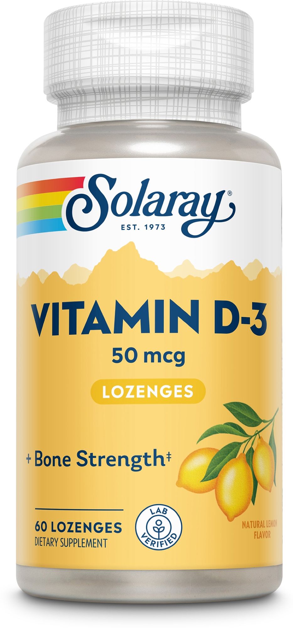 Solaray Vitamin D-3 50 mcg Lozenges Flasche mit 60 Stück und Zitronenmotiv.