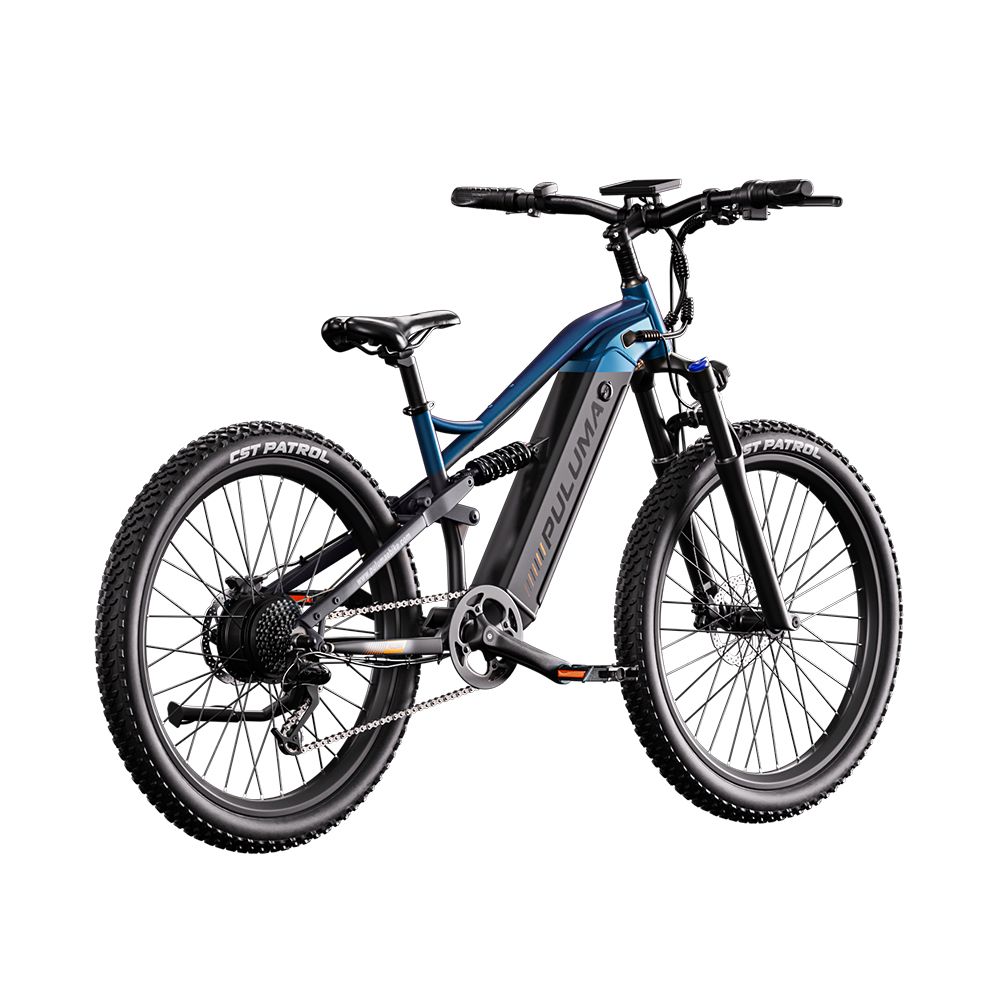 Blau-schwarzes Elektrofahrrad. Marke PULUMA, breite Reifen, Federung, Scheibenbremsen.