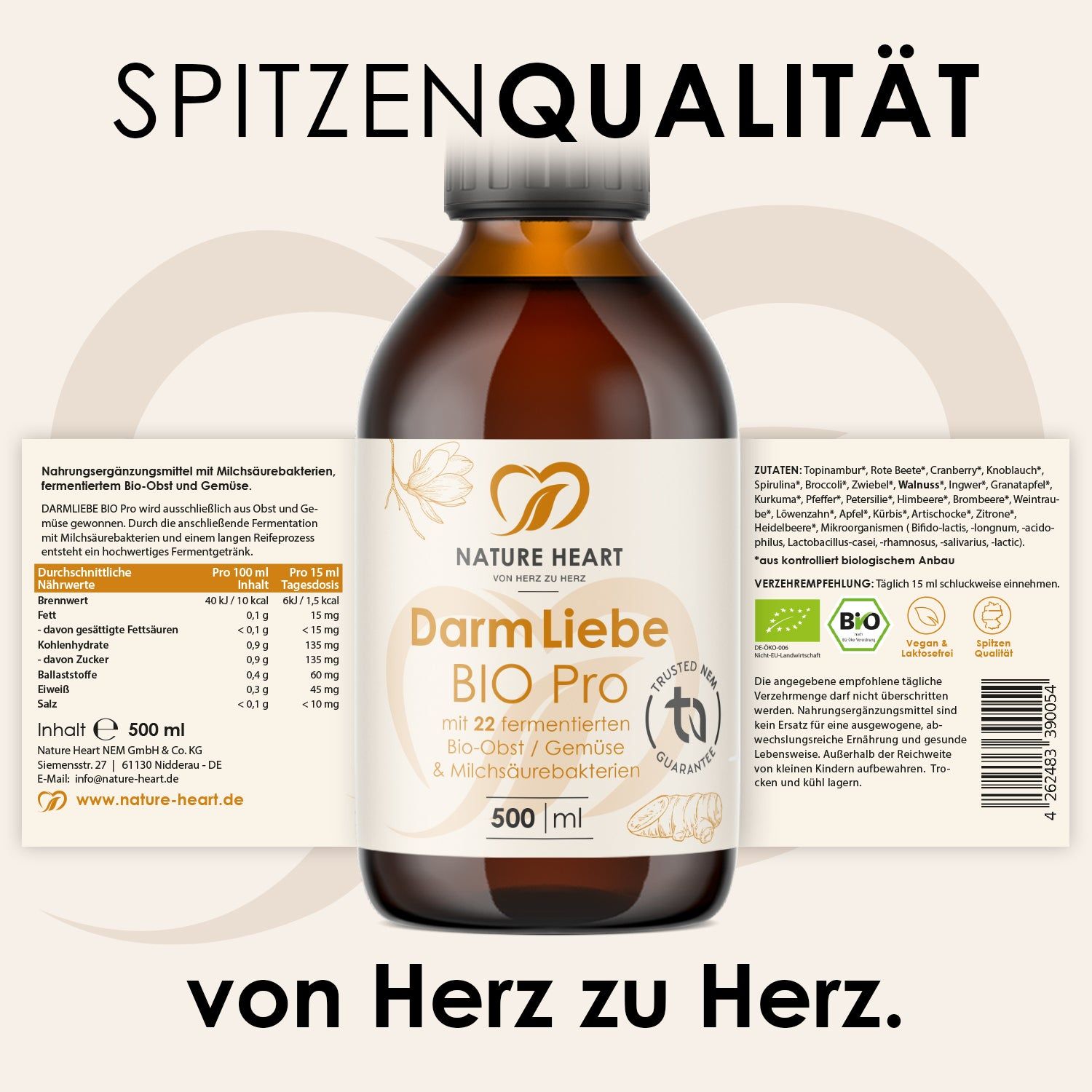 Produktflasche mit Etikett. Text: Darm Liebe Bio Pro, 500 ml, Inhaltsstoffe, Nährwertangaben, Bio-Zertifizierung. Hintergrund: Text und Logo.
