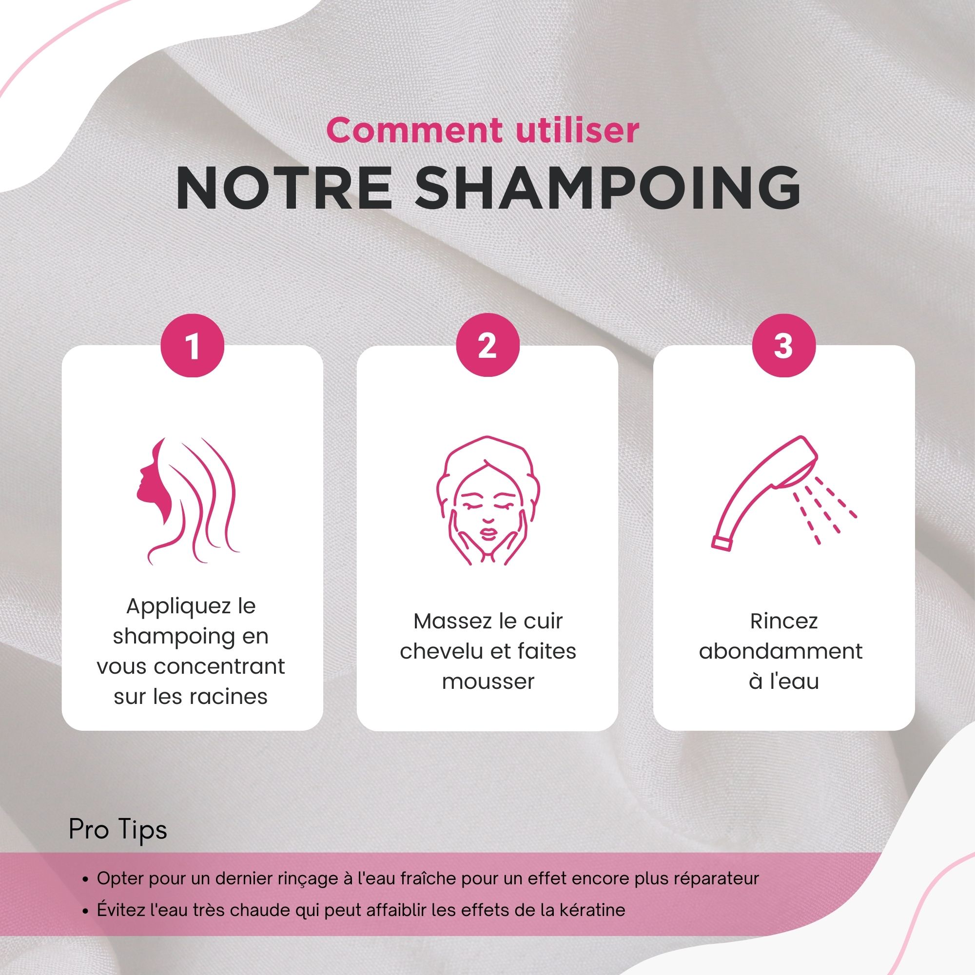 Instructions d'utilisation du shampooing. 3 étapes : appliquer, masser, rincer. Conseils.
