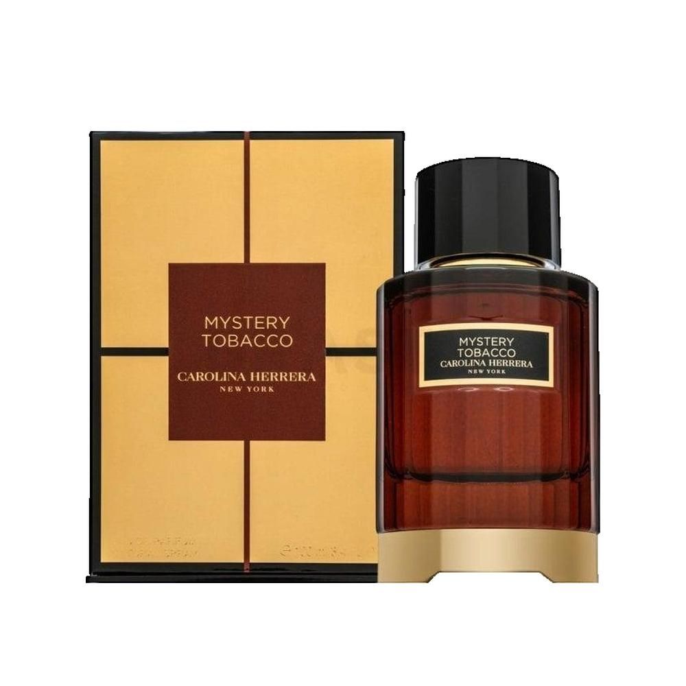 Parfümflakon und -verpackung. Rechteckige Flasche mit brauner Flüssigkeit. Goldfarbene Verpackung mit Produktnamen.