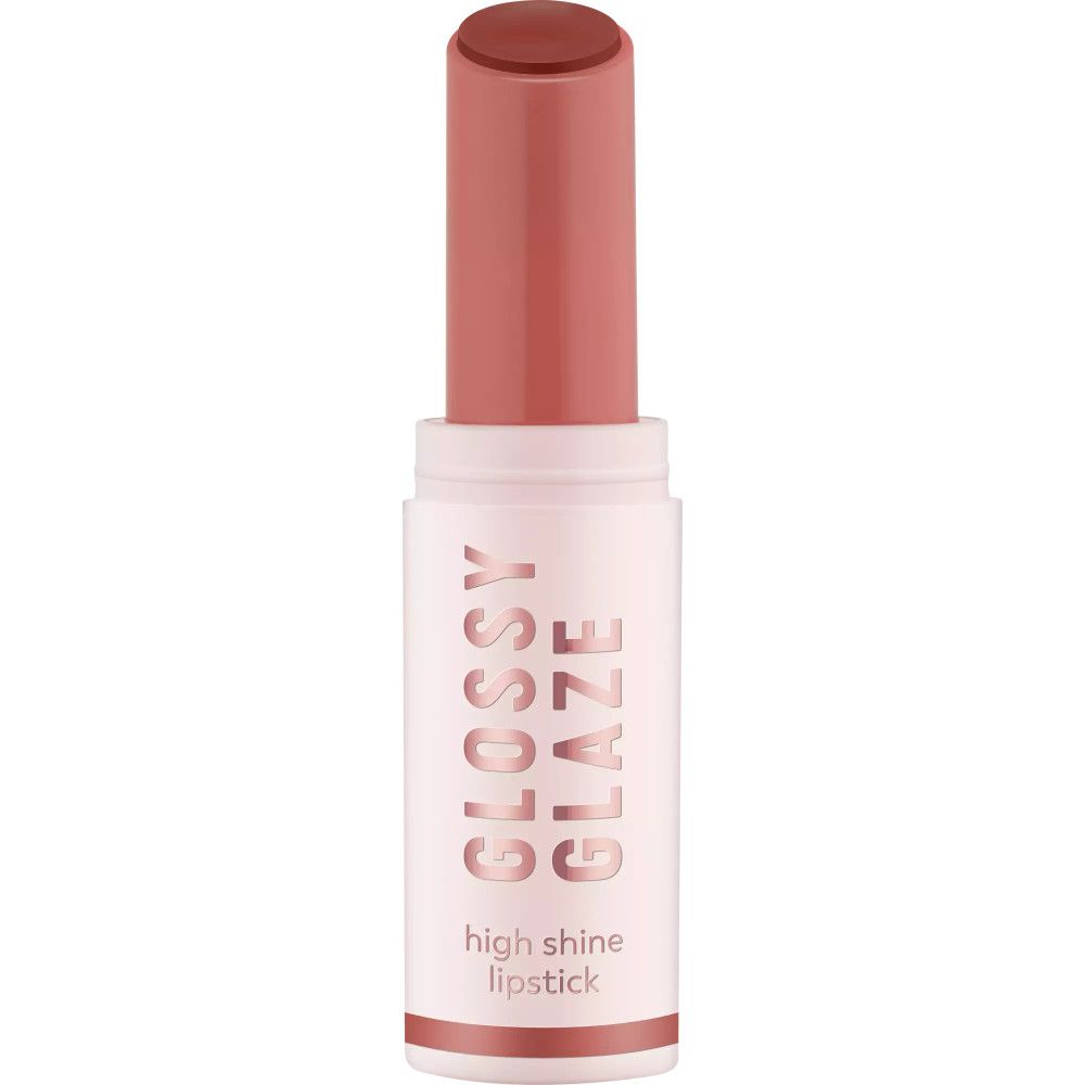 Lippenstift mit geöffneter Kappe. Rosa-farbener Stift und Hülse mit Aufschrift "GLOSSY GLAZE high shine lipstick".