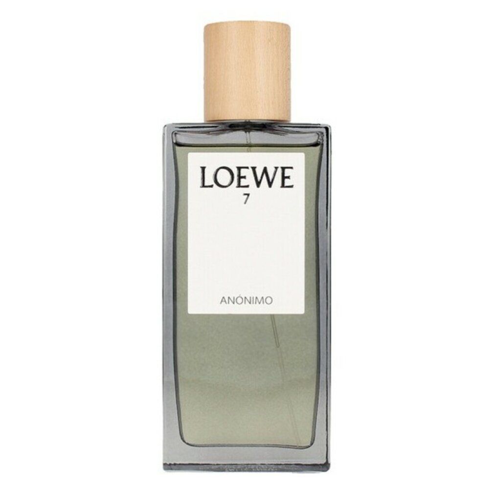 Rechteckiger Flakon mit Holzverschluss. Auf dem Etikett steht "LOEWE 7 ANÓNIMO".