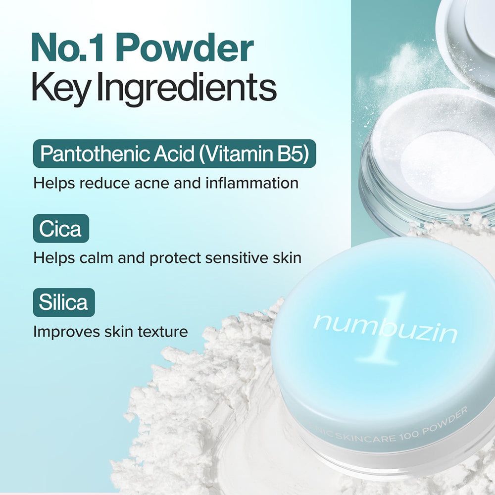 Übersicht der Hauptinhaltsstoffe: Pantothenic Acid, Cica, Silica. Puderbehälter im Hintergrund.