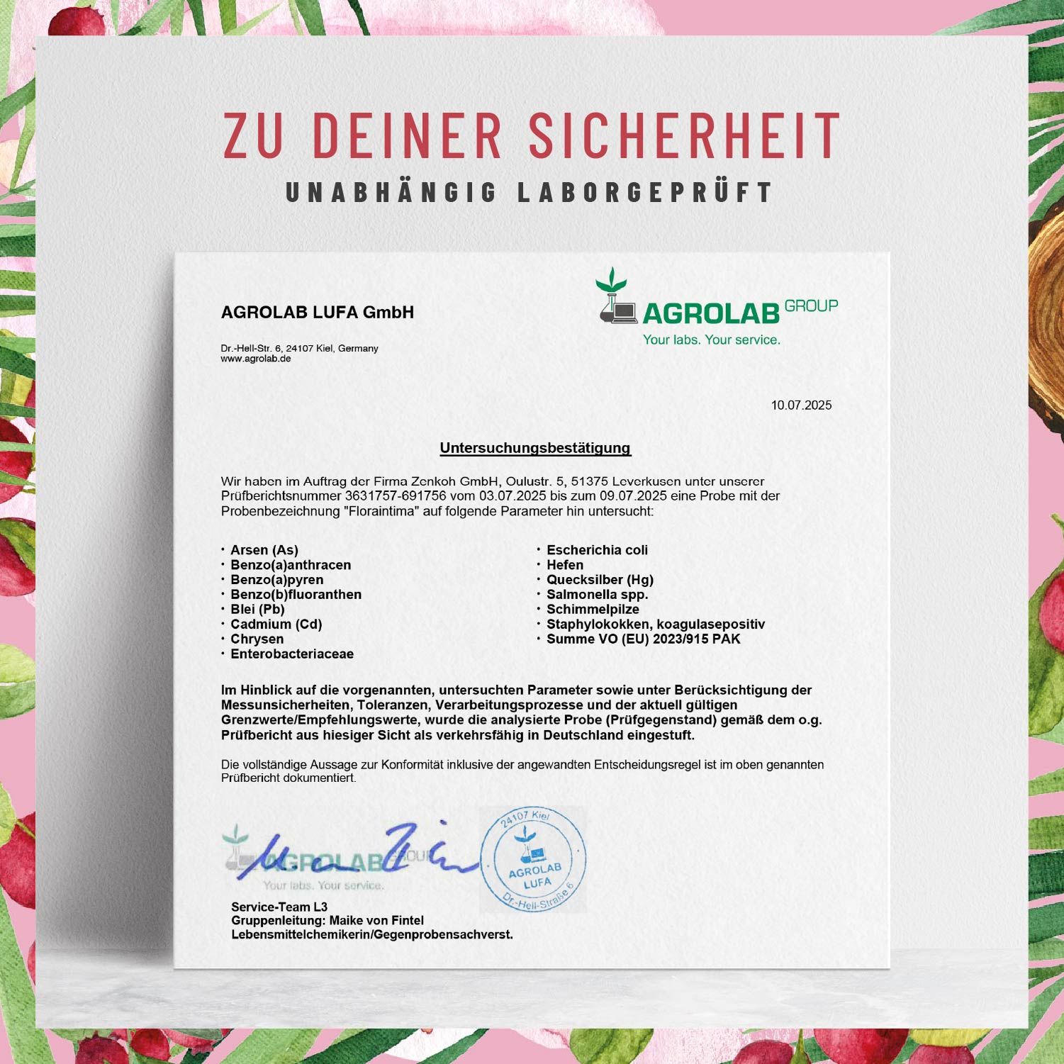 Zertifikat von Agrolab LUFA GmbH. Text: Unabhängig laborgeprüft. Untersuchungsergebnis für Flora Intima.