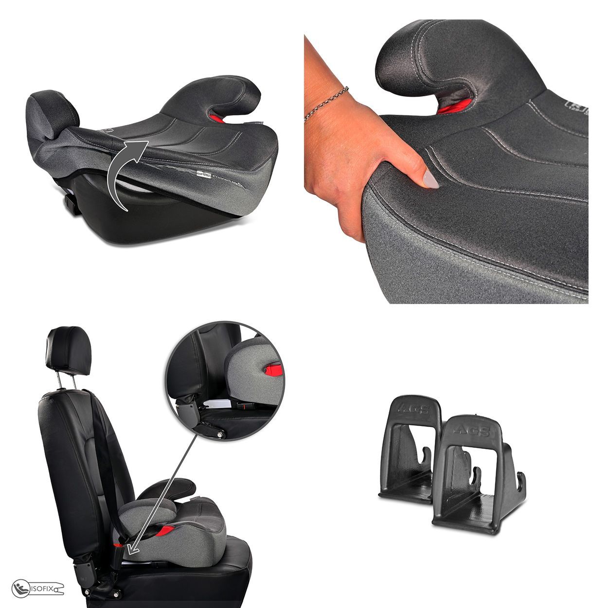 Kindersitz-Booster in Grau mit verstellbarer Kopfstütze und Isofix-Befestigungen.