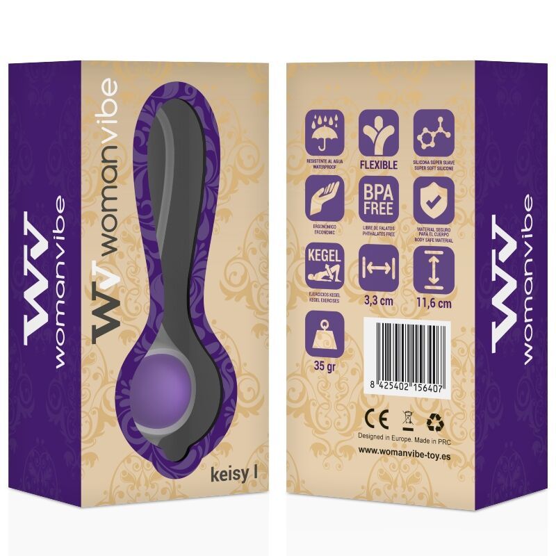 Produktverpackung. Lila und graues Produkt durch ein Fenster sichtbar. Marke: Womanvibe. Text: keisy I. Auf der Verpackung sind Symbole und Maße angegeben.