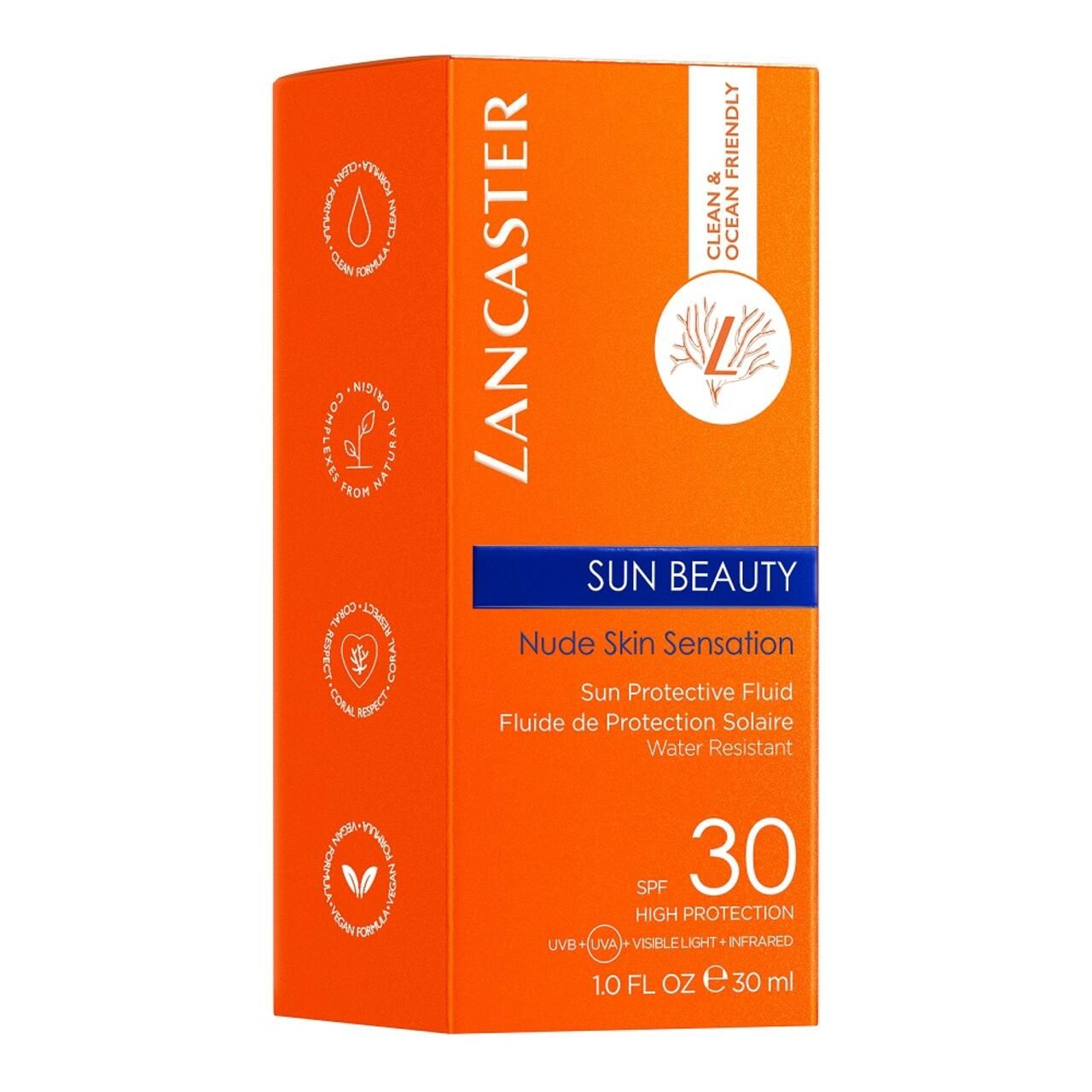 Orangefarbene Schachtel mit Aufschrift: Lancaster SUN BEAUTY, Nude Skin Sensation, SPF 30. Vegan-Siegel. 10 FL OZ e 30 ml.