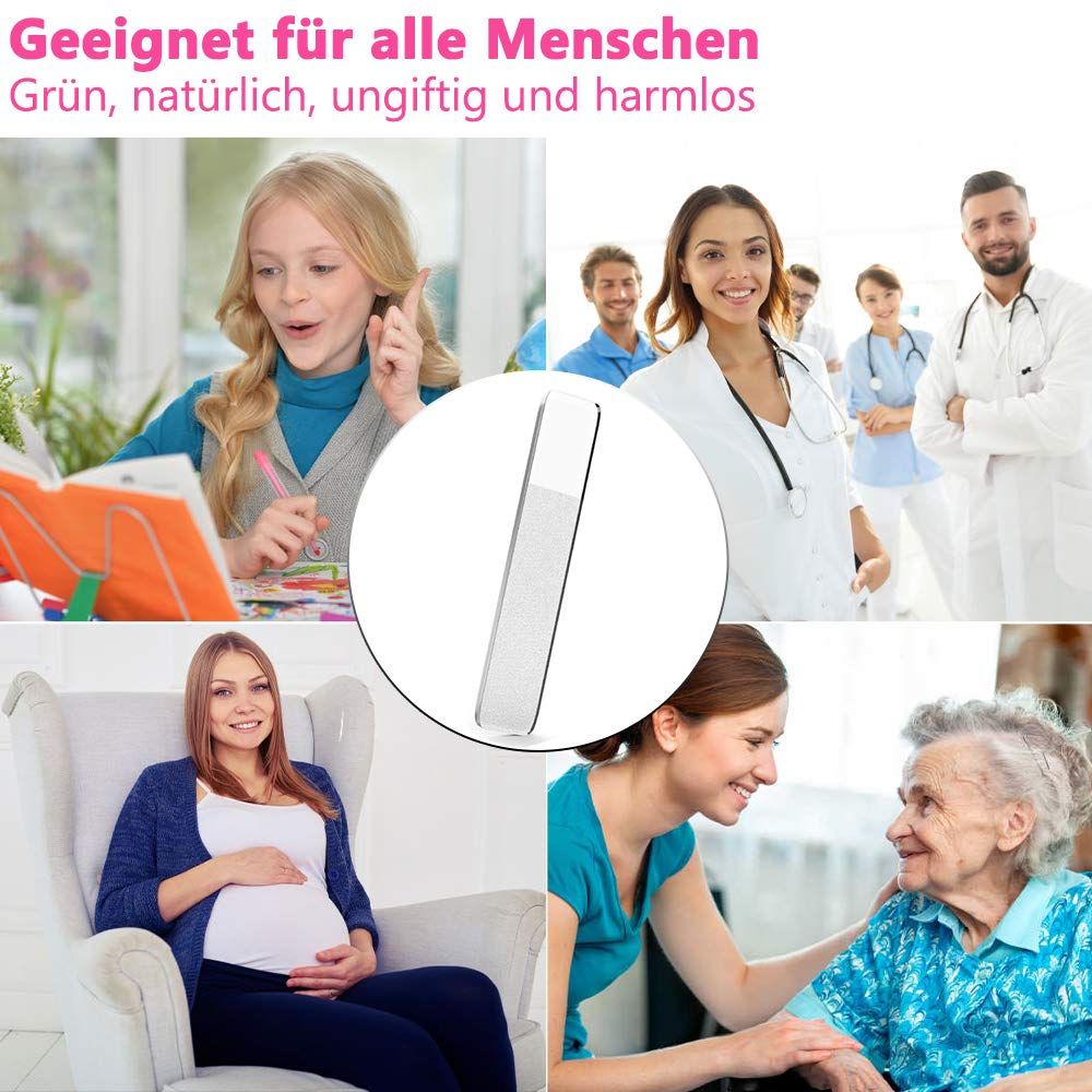 Verschiedene Menschen. Text: Geeignet für alle Menschen. Grün, natürlich, ungiftig und harmlos. Glasnagelfeile.