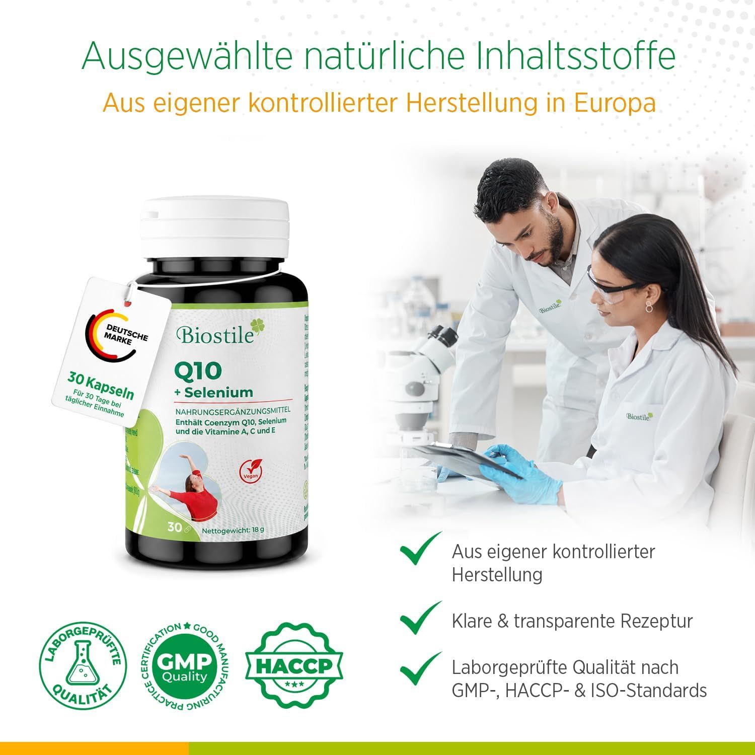 Biostile Q10 + Selenium Dose, Laboranten, Qualitätszertifikate: GMP, HACCP, ISO.