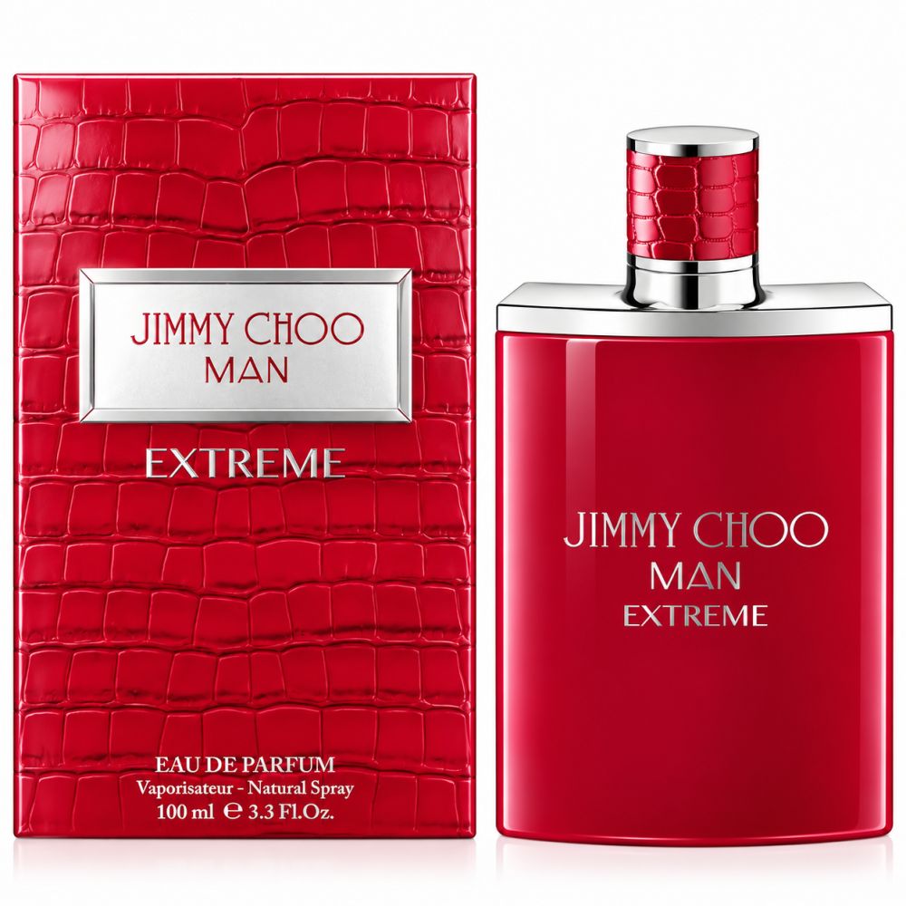 Jimmy Choo Man Extreme Eau de Parfum Flakon und Verpackung. Rote Krokodilleder-Textur.
