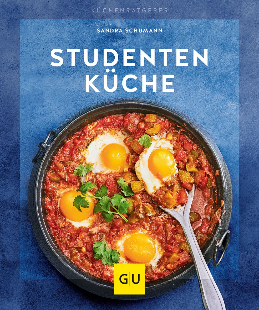 Kochbuch "Studentenküche" mit Gericht in Pfanne. Titel und Autor sichtbar. GU-Logo unten links.