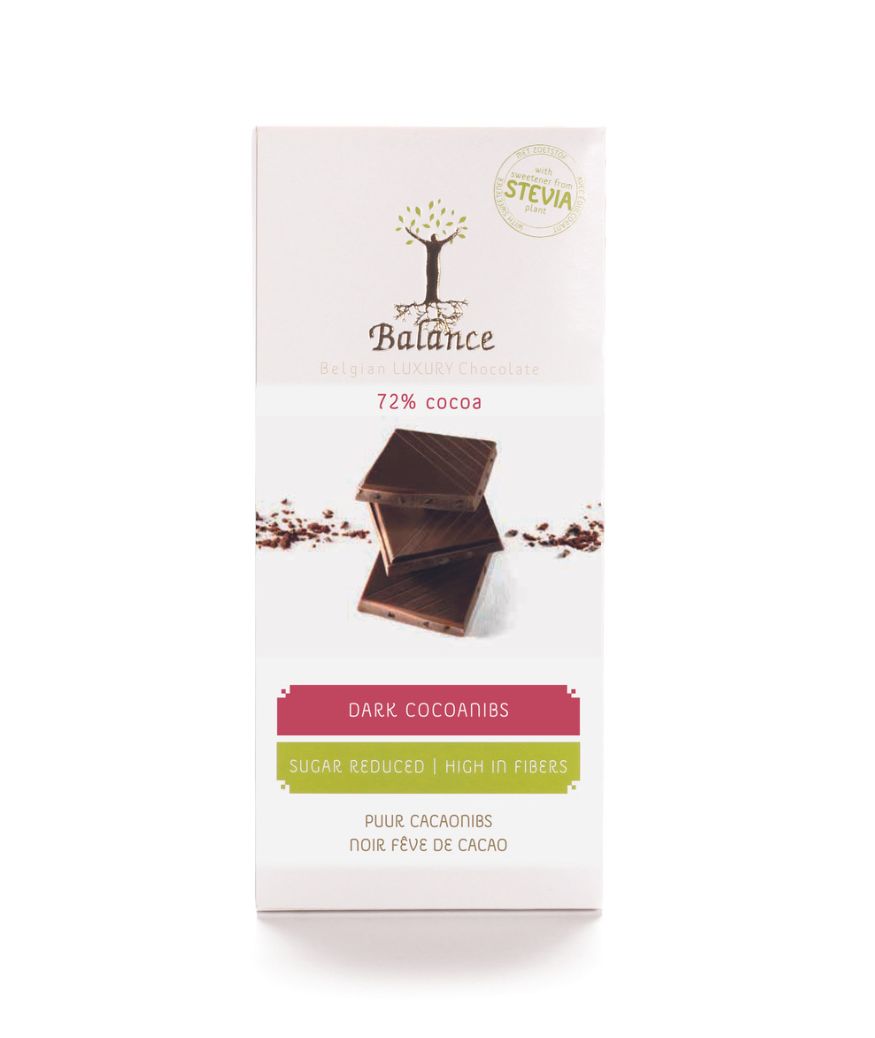 Balance Stevia Excl. Tablet Dark 72% Cocoa Nibs 85g 0,085 kg Schokolade