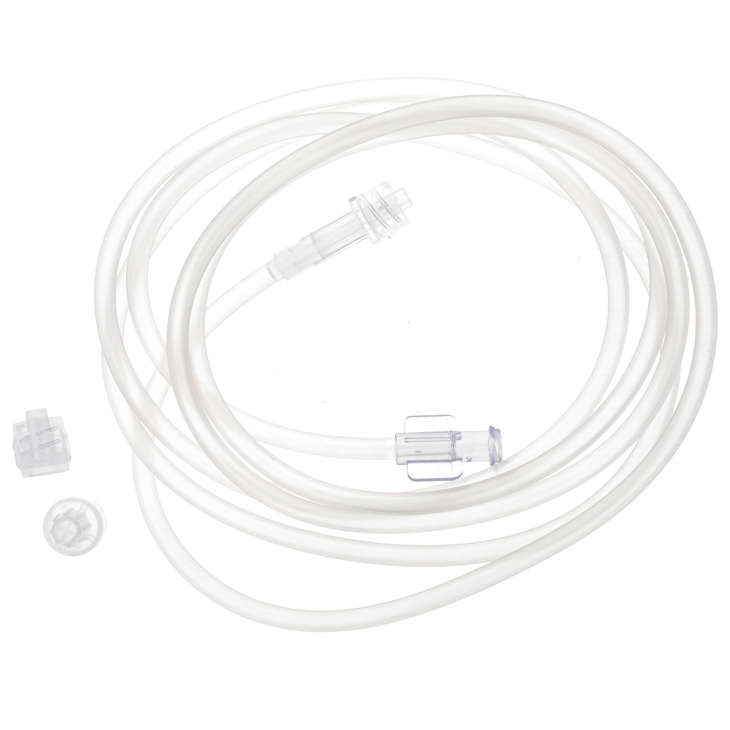 Verlängerungsschlauch, transparent, mit Anschlüssen. Zwei separate Anschlüsse und zwei zusätzliche Teile liegen daneben.