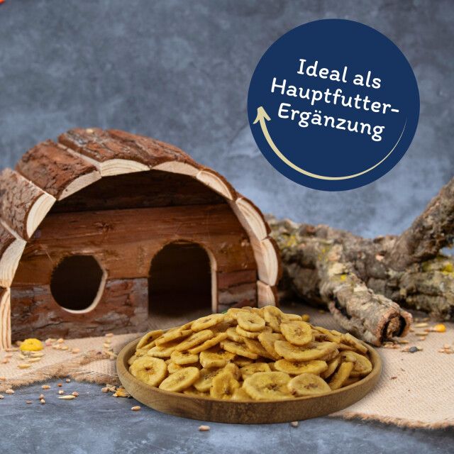 Getrocknete Bananenscheiben in Holzschale. Text: 'Ideal als Hauptfutter-Ergänzung'. Hintergrund: Holzhütte und Ast.