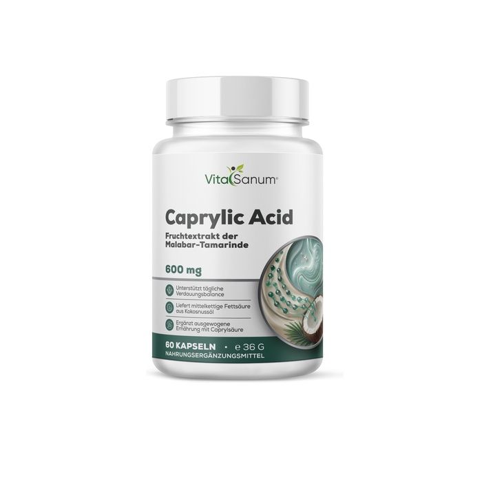VitaSanum Caprylic Acid 600 mg Kapseln. Weißer Behälter mit weißem Deckel. Frontetikett mit Produktinformationen und Kokosnuss-Illustration.