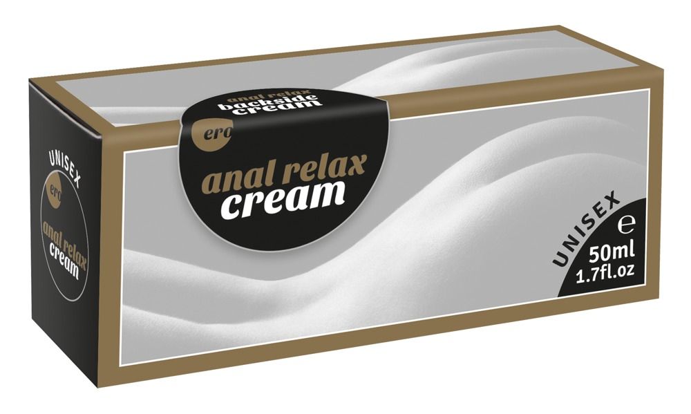Goldfarbene Produktverpackung mit 'anal relax cream' und 'UNISEX'. Enthält 50ml.