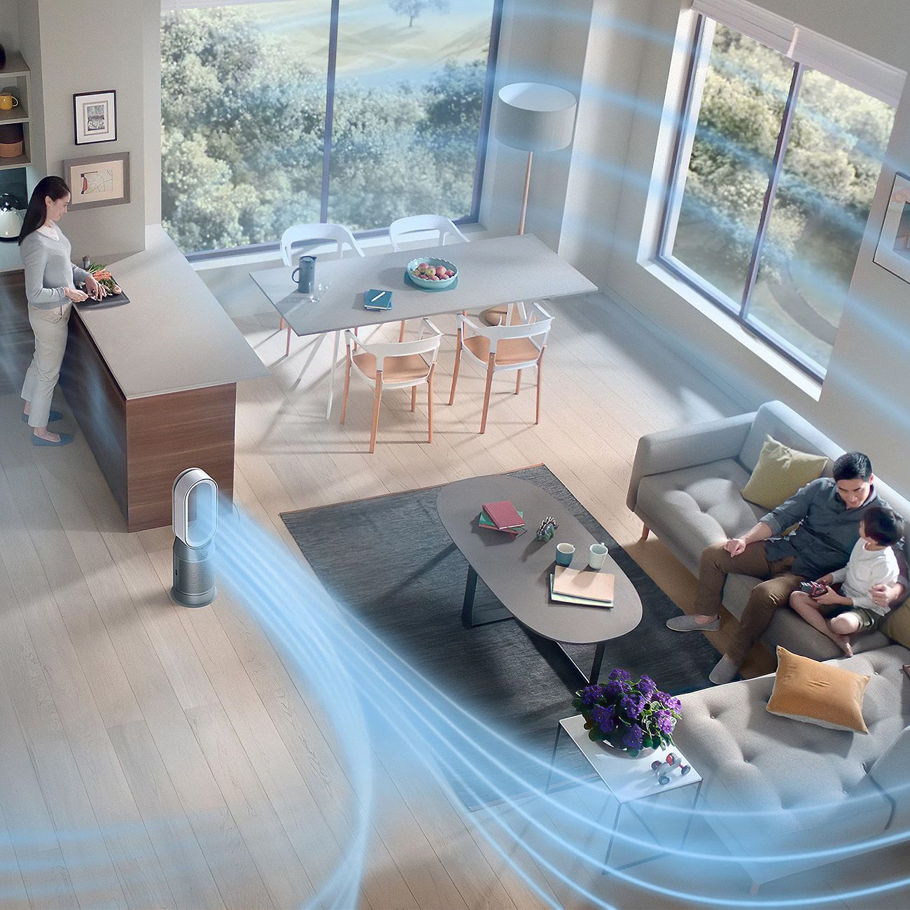 Ventilator in Wohnraum. Blaue Luftströme. Personen in Küche und Wohnbereich. Möbel und Fenster im Hintergrund.