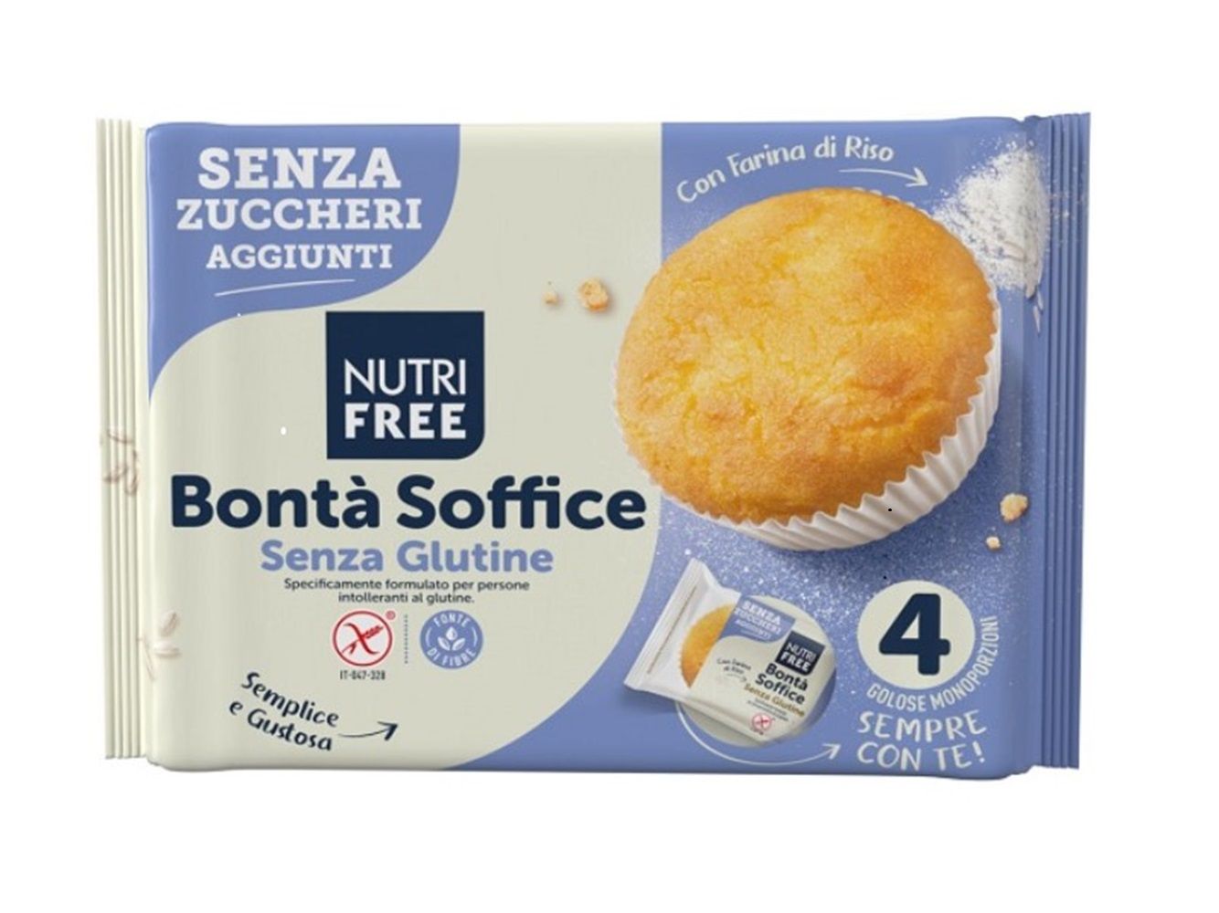 Confezione di pasticceria. Scritte: SENZA ZUCCHERI AGGIUNTI, NUTRI FREE, Bontà Soffice, Senza Glutine. 4 pezzi.