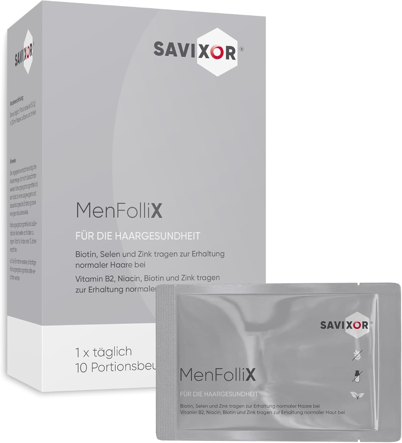 Savixor MenFolliX-Packung und Sachet. Für die Haargesundheit. 10 Portionenbeutel. Enthält Biotin, Selen, Zink.