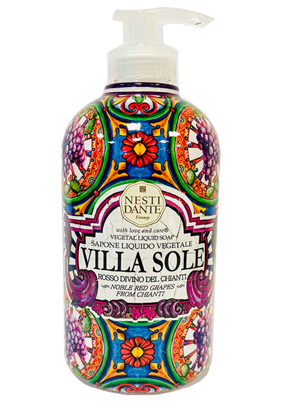Flasche mit Flüssigseife. Dekoriert mit Blumen- und Traubenmotiven. Aufschrift: Villa Sole, Rosso Divino del Chianti, Nesti Dante.