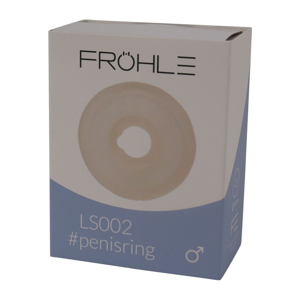 Ringförmiges Produkt in Verpackung. Marke Fröhle, Modell LS002, #penisring. Hellbeige, mit zentraler Öffnung. Männliches Symbol.