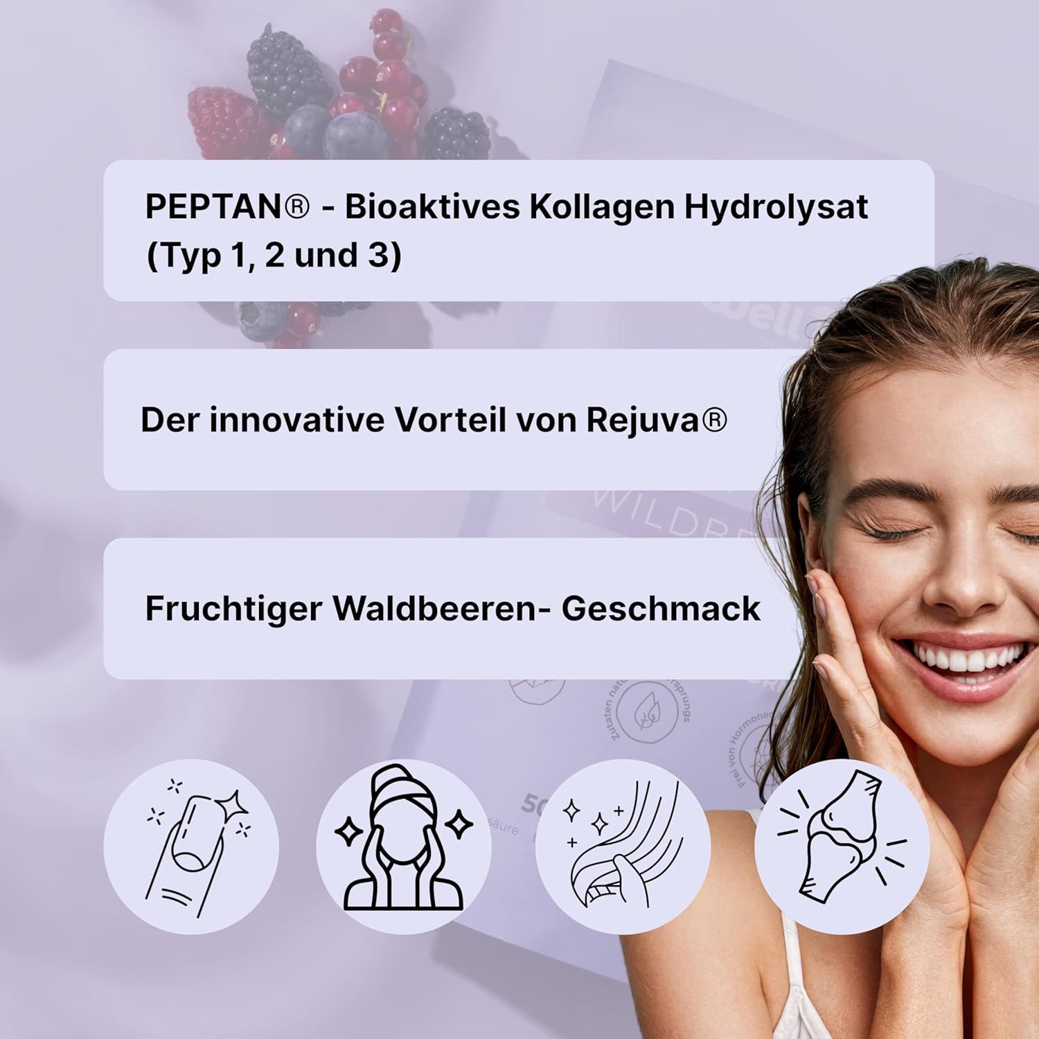 Grafik zeigt Peptan Hydrolysat, Rejuva Vorteil, Waldbeergeschmack. Frau lächelt.