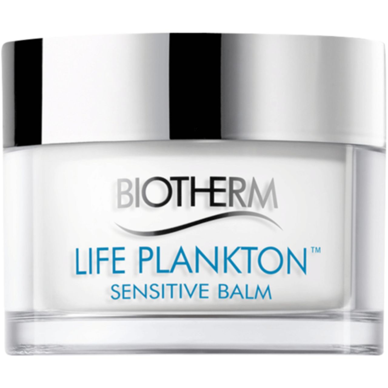 Cremebehälter mit Deckel. Aufschrift: BIOTHERM LIFE PLANKTON SENSITIVE BALM. Weißes Produkt in einem Glas.