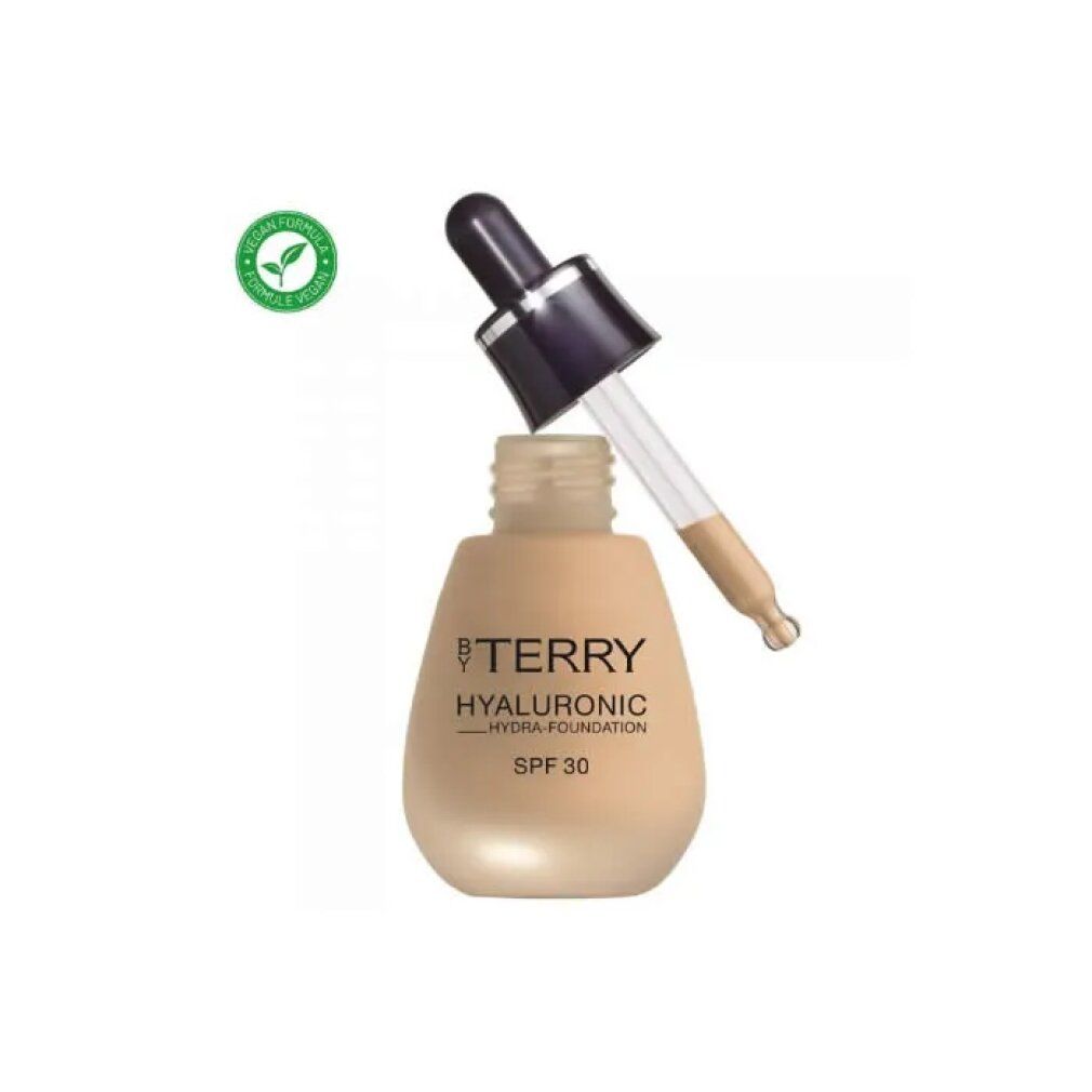 Beige Foundation-Fläschchen mit Pipette und Bio-Siegel. Aufschrift: BY TERRY, HYALURONIC HYDRA-FOUNDATION SPF 30.