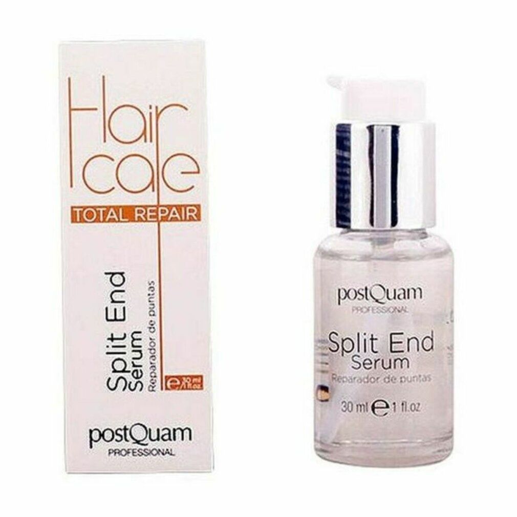 Serumflasche und Verpackung. Flasche mit silberner Pumpe, Verpackung mit Text: Hair Care Total Repair Split End Serum.