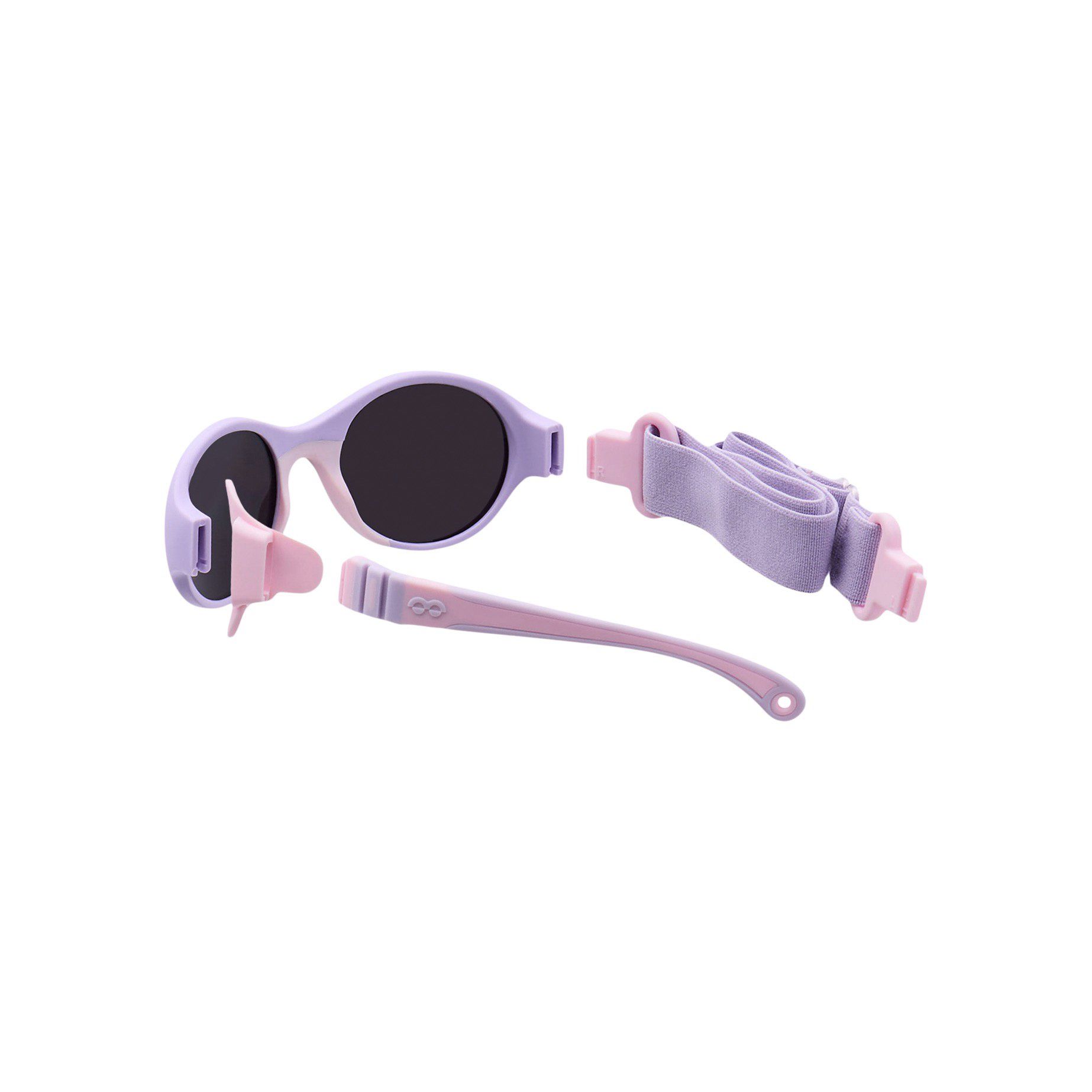 Sonnenbrille mit abnehmbaren Bügeln und Band. Lila und rosa. Schwarze Gläser.