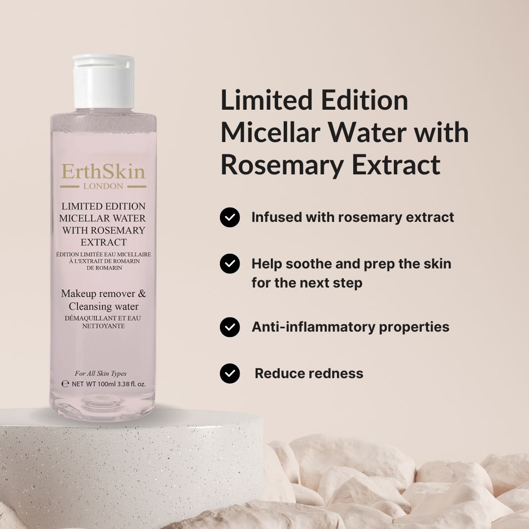 ErthSkin London Mizellenwasser. Limitierte Auflage mit Rosmarinextrakt. Flasche. Text: Makeup remover & Cleansing water. Aufschrift: Für alle Hauttypen.