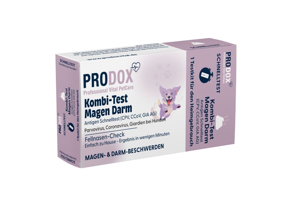 PRODOX Kombi-Test Magen Darm. Testkit für Hunde. Verpackung mit Produktnamen, Illustration und Text. Lila-weiße Farbgebung.