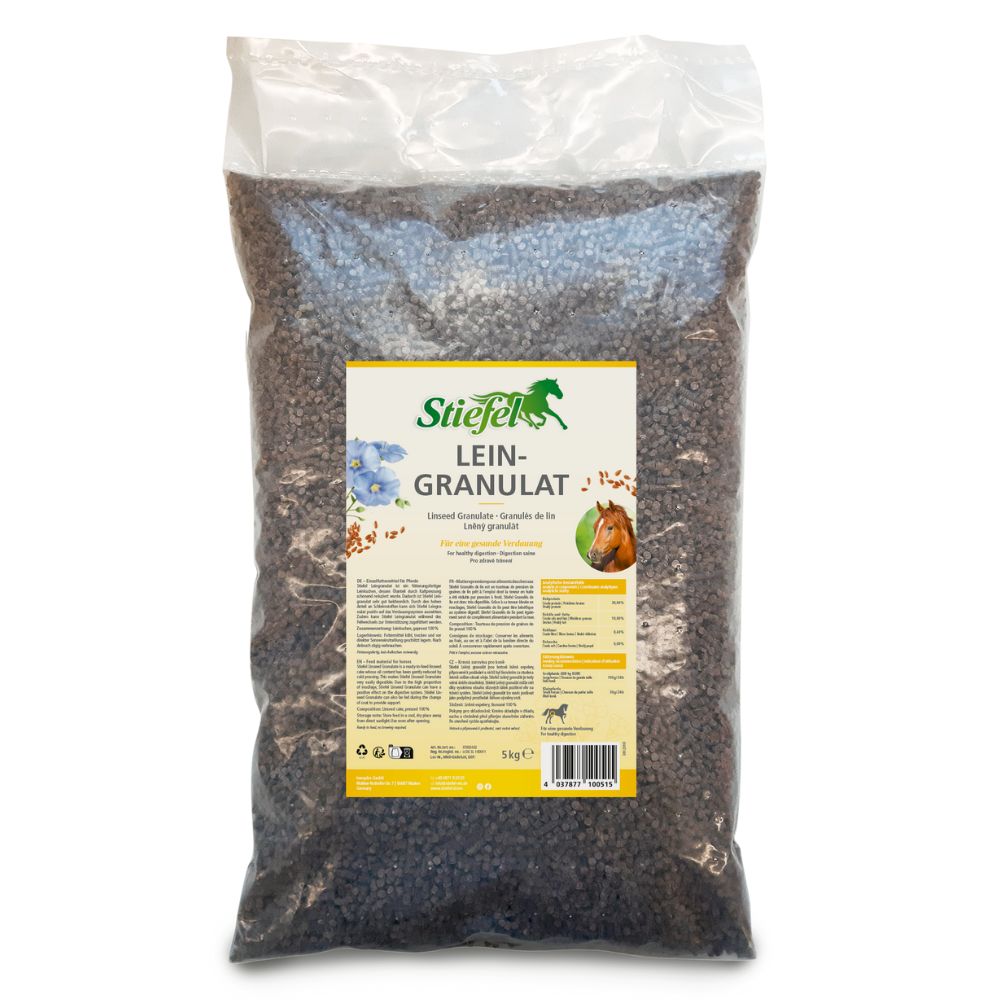 Transparenter Beutel mit braunem Granulat. Aufdruck mit Produktname und Logo: Stiefel Leingranulat. Abbildung eines Pferdes.